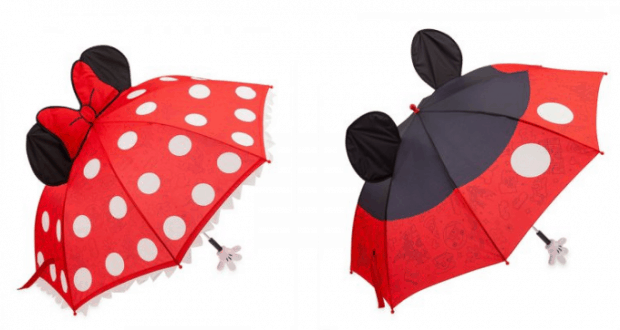 Minnie and Mickey Mouse red umbrellas with ears and signature patterns—must-have Disney Parks summer accessories for fans.