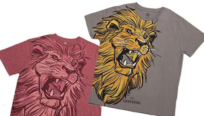 Lion King t-shirts in red and gray, featuring a bold roaring lion—ideal for Disney’s Animal Kingdom or park merchandise fans.
