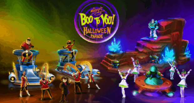 Vibrant scene from Disney’s Boo to You! Parade at Disney World, with superheroes and costumed performers at MNSSHP.