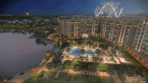 Spectacular fireworks burst over a Disney resort’s glowing pool and palm-lined lake—an epic New Year’s Eve for Disney fans.