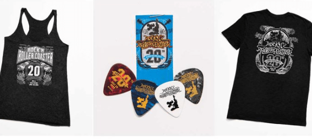 Rock 'N' Roller Coaster’s 20th Anniversary merch features a tank, themed guitar picks, and a bold graphic tee at Disney World.