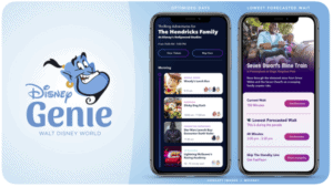 Disney Genie app at Walt Disney World shows ride wait times, attraction lists, and upcoming plans with Genie guiding on the left.