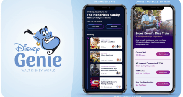 Disney Genie app at Walt Disney World shows ride wait times, attraction lists, and upcoming plans with Genie guiding on the left.