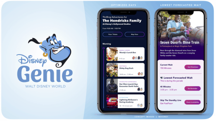 Disney Genie app at Walt Disney World shows ride wait times, attraction lists, and upcoming plans with Genie guiding on the left.