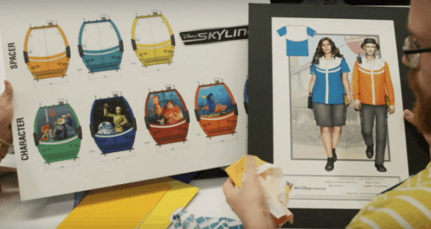 Disney Skyliner gondola designs displayed with matching costume illustrations, highlighting creative concepts at Walt Disney World.