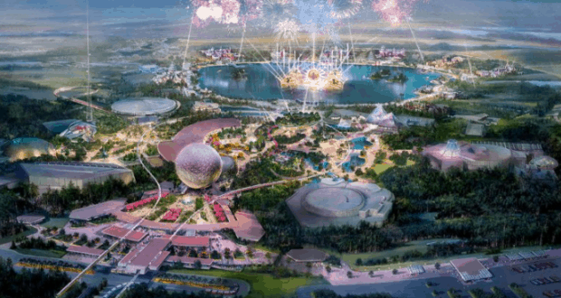 Fireworks light up Epcot’s skyline over a shimmering lake, revealing bold new attractions and the park’s stunning transformation.