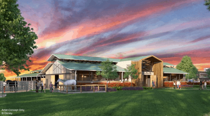 Horses and guests enjoy the rustic stables at Fort Wilderness as a colorful sunset sets the perfect Disney World atmosphere.