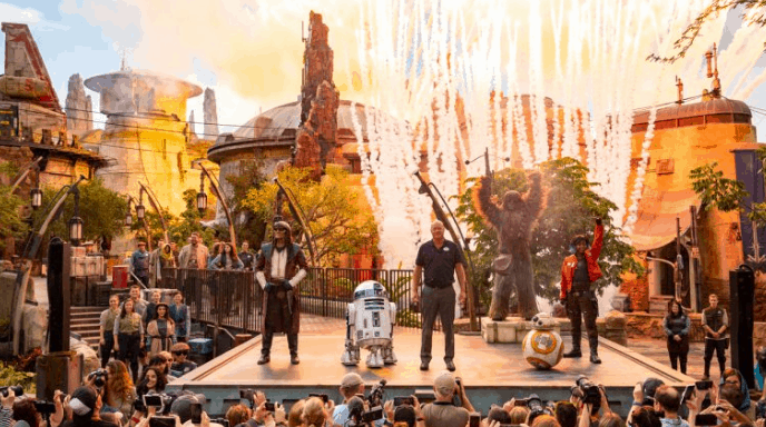Star Wars heroes take the stage amid dazzling fireworks and cheering fans at Galaxy’s Edge during Disney Parks LIVE.