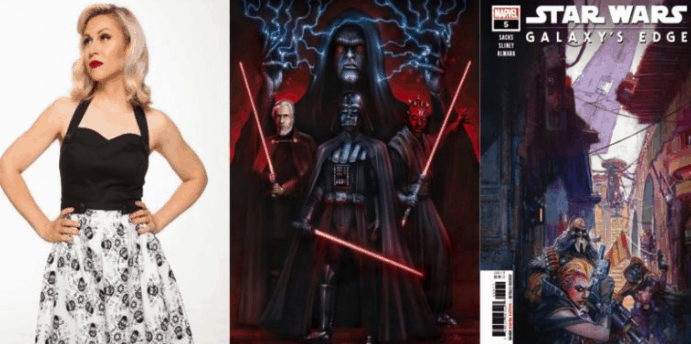 Classic Star Wars villains wielding red lightsabers, comic cover art, and a stylish guest in black and white—Galaxy’s Edge vibes.
