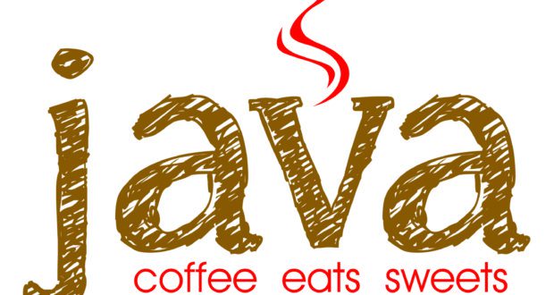Java" in brown with steam from the "v," plus "coffee eats sweets" in red—evoking Swan and Dolphin Resort’s quick service.