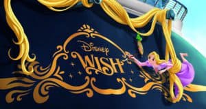 Rapunzel decorates the Disney Wish with its signature logo, skillfully using her long golden hair aboard the Disney Cruise Line ship.