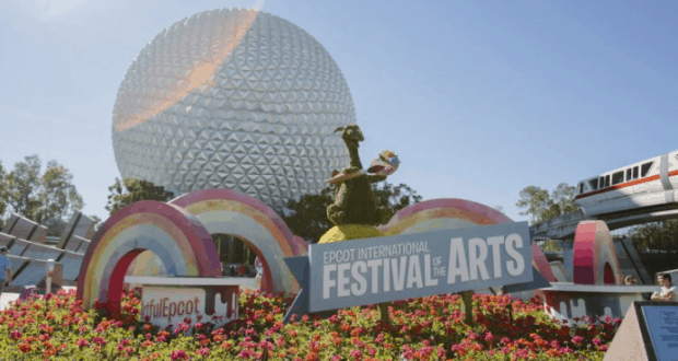 Vibrant EPCOT Festival of the Arts display with Spaceship Earth and the Disney monorail at Walt Disney World, 2020.