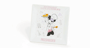 Minnie Mouse as a chef on a square plate, holding food, with "Passholder" and "Epcot International Food & Wine Festival 2019.