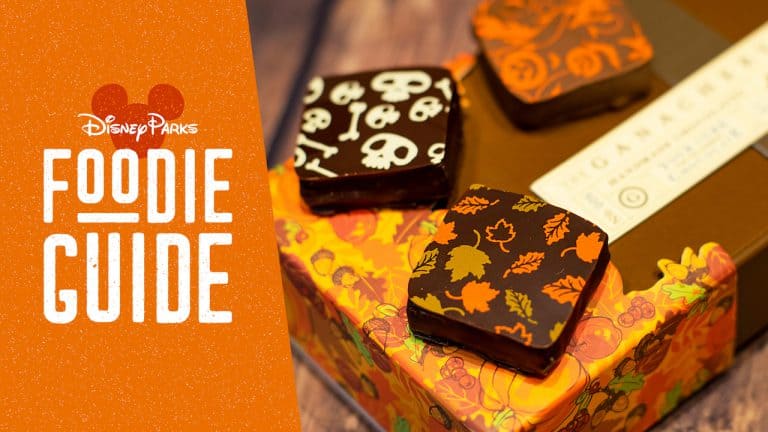 WonderFall Flavors at Disney Springs: three festive chocolate squares atop a fall box beside the Disney Parks Foodie Guide sign.