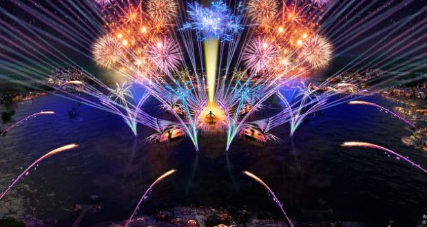 Spectacular fireworks and vibrant lights dazzle Epcot’s nighttime waterfront, lighting up World Showcase at Walt Disney World.