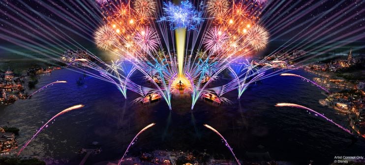 Spectacular fireworks and vibrant lights dazzle Epcot’s nighttime waterfront, lighting up World Showcase at Walt Disney World.