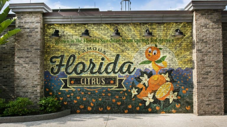 Famous Florida Citrus" mural with oranges, blossoms, and Orange Bird on brick—Disney Springs-style magic at Walt Disney World.