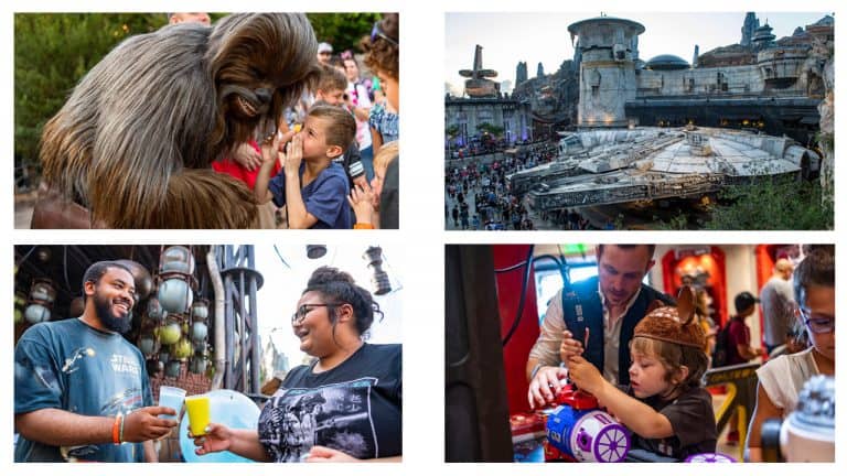 Star Wars: Galaxy’s Edge moments at Walt Disney World—iconic characters, starships, themed drinks, and kids building droids.