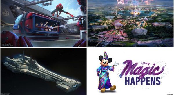 Disney Parks montage: Spider-Man attraction, park map, iconic spaceship, and Sorcerer Mickey with "Magic Happens" celebration.