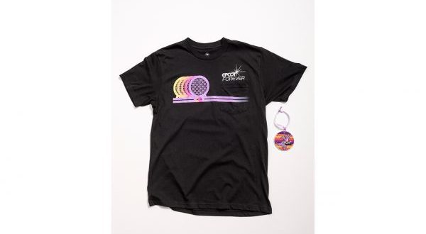 Epcot-inspired black tee with vibrant artwork and "Grow Forever" text, plus a themed tag styled like Epcot Forever merch.