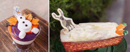 Discover Frozen 2-inspired Olaf mousse and Sven sleigh cake with candy carrots—exclusive treats at Walt Disney World!.