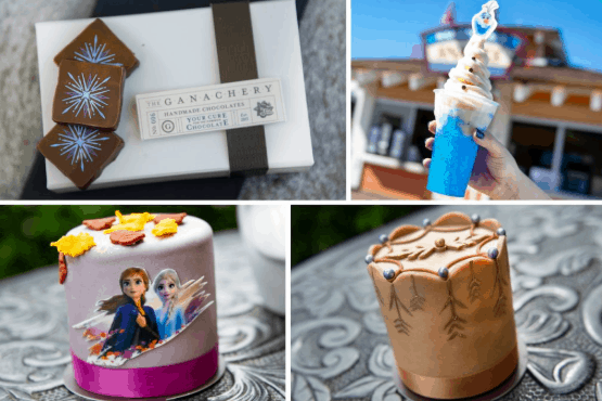Frozen 2-inspired sweets at Disney World: chocolates, a frosty drink, decorated cakes—must-tries from the Foodie Guide.