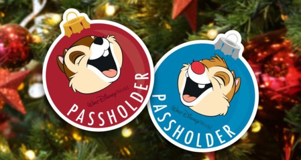 Chip and Dale Disney Annual Passholder ornaments on a festive Christmas tree, capturing holiday magic at Walt Disney World.