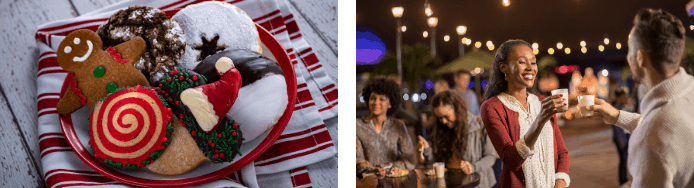 Festive Christmas cookies and guests enjoying holiday drinks at Epcot’s Festival of the Holidays under sparkling lights.