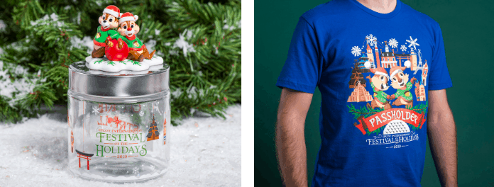 Chip and Dale jar plus a blue tee starring Mickey and Minnie—exclusive festive finds for Disney World Passholders at Epcot.