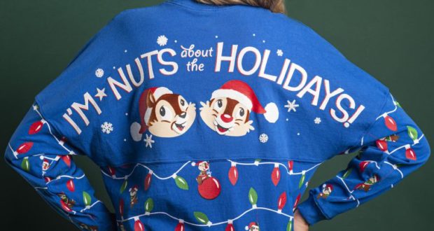 Chip and Dale on a festive blue sweater with "I’m nuts about the holidays!" at Epcot’s 2019 Festival of the Holidays.