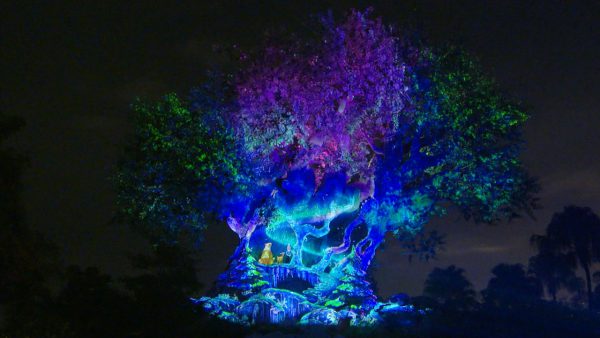 The Tree of Life Awakens, glowing with brilliant blue, purple, and green lights for the Holidays at Disney’s Animal Kingdom.