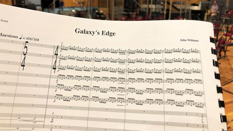 Sheet music for "Galaxy's Edge" by Star Wars composer John Williams, featuring musical notes from the Disney Parks attraction.