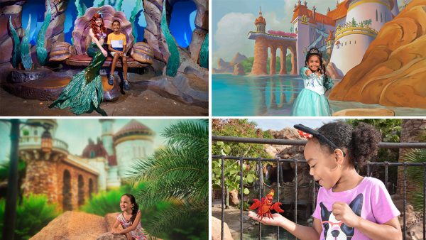 Kids at Disney World meet Ariel’s sidekick Sebastian, pose with princesses, and explore castle backdrops in vibrant settings.