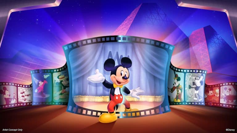 Mickey Mouse takes center stage at Disney World, with film strips of his cartoon adventures behind him for a classic Epcot photo op.