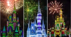 Walt Disney World’s castles shimmer at night as Minnie's Wonderful Christmastime Fireworks light up an enchanting holiday sky.