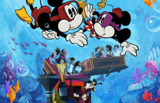 Mickey and Minnie journey through an underwater world, passing colorful fish on the whimsical Runaway Railway at Disney World.