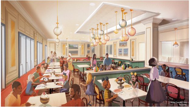 Beaches & Cream Soda Shop bustling with guests enjoying classic desserts as waitstaff serve tables after the Disney reopening.