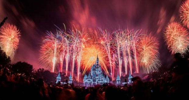 Spectacular fireworks illuminate Cinderella Castle at Disney World as excited guests gather to watch the magical nighttime show.