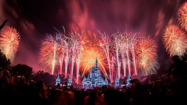 Spectacular fireworks illuminate Cinderella Castle at Disney World as excited guests gather to watch the magical nighttime show.