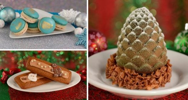 Savor blue macarons, gingerbread cookies, and a pinecone cake dusted with sugar—holiday treats at Walt Disney World.