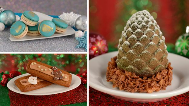 Savor blue macarons, gingerbread cookies, and a pinecone cake dusted with sugar—holiday treats at Walt Disney World.