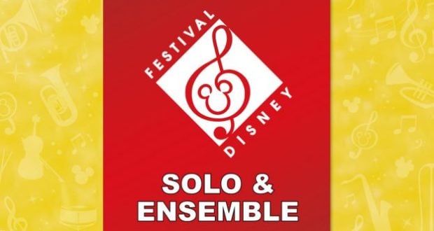 Vibrant Disney Festival logo with treble clef Mickey ears, "Disney Solo and Ensemble" text on yellow, evoking magical park music events.