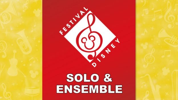 Vibrant Disney Festival logo with treble clef Mickey ears, "Disney Solo and Ensemble" text on yellow, evoking magical park music events.