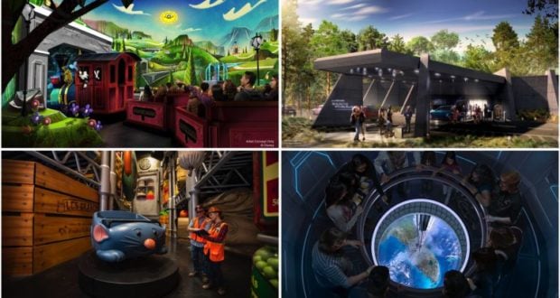 Collage of Walt Disney World icons: the railroad, Space Mountain, Mad Tea Party teacups, and Space 220 restaurant—Disney magic awaits!.