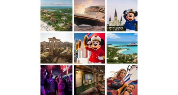 A 2019 Disney Cruise Line photo collage with ships, Mickey Mouse, Castaway Cay beaches, ancient ruins, and joyful guests.