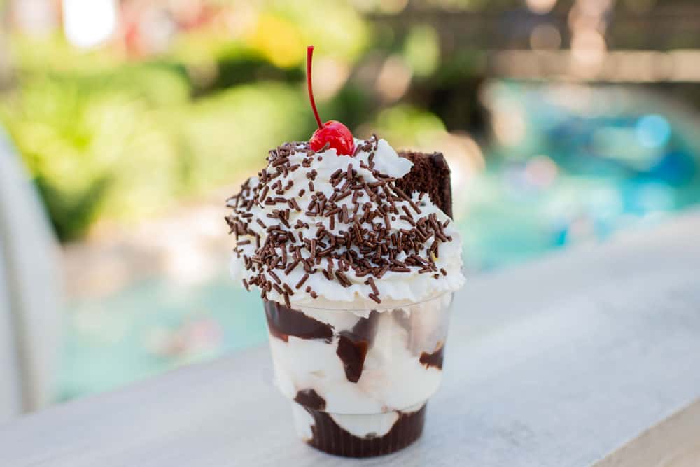 A Typhoon Lagoon-style chocolate sundae in a clear cup, stacked with whipped cream, sprinkles, and a cherry on top.