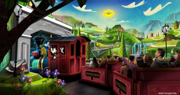 Experience the magic aboard Mickey & Minnie’s Runaway Railway as a vibrant train winds through a lively, animated Disney scene.