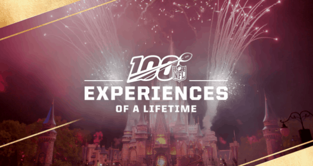 Spectacular fireworks light up Cinderella Castle at Disney World, highlighting "100 NFL Experiences of a Lifetime" for NFL100 magic.