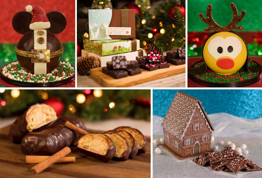 Festive Disney Springs holiday treats—chocolate sweets, brownies, a gingerbread house—star in Foodie News, December 2019.