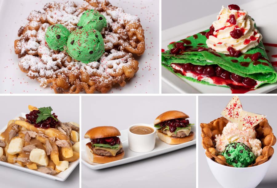 Celebrate the season at Disney Springs with festive eats—green funnel cake, crepes, poutine, sliders, and a merry dessert bowl!.